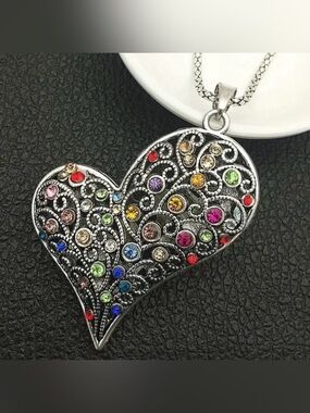 Multi-Colour Rhinestone Heart Necklace on Long 30” Chain